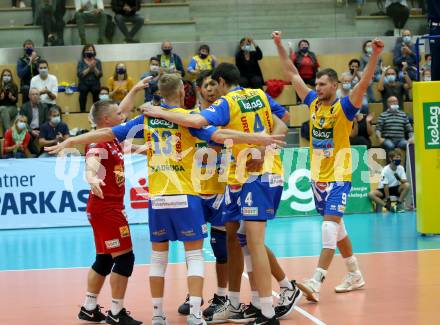 Volleyball. CEV Champions League Volley 2021 - Men First Round. SK Zadruga Aich/Dob gegen Dinamo Moscow.  Jubel (Aich/Dob). Bleiburg, am 29.9.2020.
Foto: Kuess
www.qspictures.net
---
pressefotos, pressefotografie, kuess, qs, qspictures, sport, bild, bilder, bilddatenbank