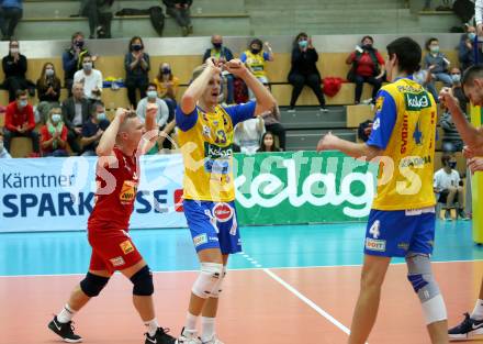 Volleyball. CEV Champions League Volley 2021 - Men First Round. SK Zadruga Aich/Dob gegen Dinamo Moscow.  Jubel Manuel STEINER, Blazej PODLESNY, Matthew Cole PASSALENT (Aich/Dob). Bleiburg, am 29.9.2020.
Foto: Kuess
www.qspictures.net
---
pressefotos, pressefotografie, kuess, qs, qspictures, sport, bild, bilder, bilddatenbank