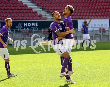 Fussball 2. Liga. SK Austria Klagenfurt gegen FAC Wien. Torjubel Markus Pink, Maximiliano Romero Moreira (Klagenfurt). Klagenfurt, am 4.10.2020.
Foto: Kuess
www.qspictures.net
---
pressefotos, pressefotografie, kuess, qs, qspictures, sport, bild, bilder, bilddatenbank