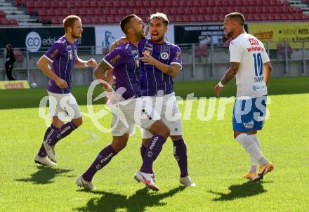 Fussball 2. Liga. SK Austria Klagenfurt gegen FAC Wien. Torjubel Markus Pink, Maximiliano Romero Moreira (Klagenfurt). Klagenfurt, am 4.10.2020.
Foto: Kuess
www.qspictures.net
---
pressefotos, pressefotografie, kuess, qs, qspictures, sport, bild, bilder, bilddatenbank