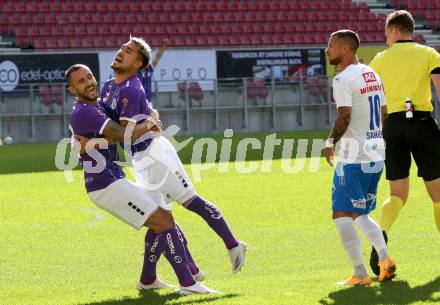 Fussball 2. Liga. SK Austria Klagenfurt gegen FAC Wien. Torjubel Markus Pink, Maximiliano Romero Moreira (Klagenfurt). Klagenfurt, am 4.10.2020.
Foto: Kuess
www.qspictures.net
---
pressefotos, pressefotografie, kuess, qs, qspictures, sport, bild, bilder, bilddatenbank
