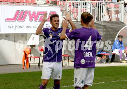Fussball 2. Liga. SK Austria Klagenfurt gegen FAC Wien. Torjubel Oliver Markoutz, Patrick Greil (Klagenfurt). Klagenfurt, am 4.10.2020.
Foto: Kuess
www.qspictures.net
---
pressefotos, pressefotografie, kuess, qs, qspictures, sport, bild, bilder, bilddatenbank