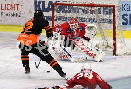 EBEL. Eishockey Bundesliga. KAC gegen	Moser Medical Graz99ers. Sebastian Dahm,  (KAC), Samuel Hunter Fejes (Graz). Klagenfurt, am 4.10.2020.
Foto: Kuess
www.qspictures.net

---
pressefotos, pressefotografie, kuess, qs, qspictures, sport, bild, bilder, bilddatenbank