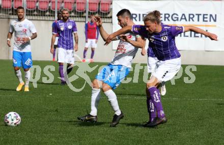 Fussball 2. Liga. SK Austria Klagenfurt gegen FAC Wien. Patrick Greil,  (Klagenfurt),  Mirnes Becirovic (Wien). Klagenfurt, am 4.10.2020.
Foto: Kuess
www.qspictures.net
---
pressefotos, pressefotografie, kuess, qs, qspictures, sport, bild, bilder, bilddatenbank