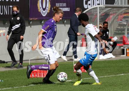 Fussball 2. Liga. SK Austria Klagenfurt gegen FAC Wien. Patrick Greil  (Klagenfurt), Flavio Dos Santos Dias (Wien). Klagenfurt, am 4.10.2020.
Foto: Kuess
www.qspictures.net
---
pressefotos, pressefotografie, kuess, qs, qspictures, sport, bild, bilder, bilddatenbank