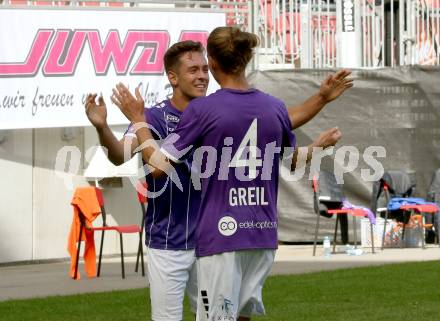 Fussball 2. Liga. SK Austria Klagenfurt gegen FAC Wien. Torjubel Oliver Markoutz, Patrick Greil (Klagenfurt). Klagenfurt, am 4.10.2020.
Foto: Kuess
www.qspictures.net
---
pressefotos, pressefotografie, kuess, qs, qspictures, sport, bild, bilder, bilddatenbank