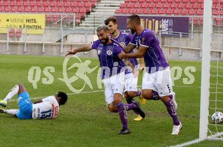 Fussball 2. Liga. SK Austria Klagenfurt gegen FAC Wien. Torjubel Kosmas Gkezos, Markus Pink, Thorsten Mahrer (Klagenfurt). Klagenfurt, am 4.10.2020.
Foto: Kuess
www.qspictures.net
---
pressefotos, pressefotografie, kuess, qs, qspictures, sport, bild, bilder, bilddatenbank