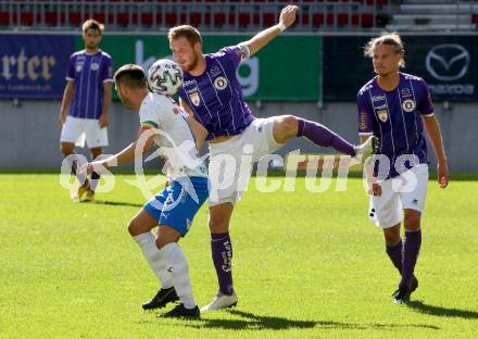 Fussball 2. Liga. SK Austria Klagenfurt gegen FAC Wien. Markus Rusek, (Klagenfurt),  Mirnes Becirovic  (Wien). Klagenfurt, am 4.10.2020.
Foto: Kuess
www.qspictures.net
---
pressefotos, pressefotografie, kuess, qs, qspictures, sport, bild, bilder, bilddatenbank