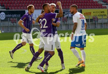 Fussball 2. Liga. SK Austria Klagenfurt gegen FAC Wien. Torjubel Markus Pink, Maximiliano Romero Moreira (Klagenfurt). Klagenfurt, am 4.10.2020.
Foto: Kuess
www.qspictures.net
---
pressefotos, pressefotografie, kuess, qs, qspictures, sport, bild, bilder, bilddatenbank