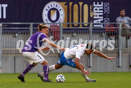 Fussball 2. Liga. SK Austria Klagenfurt gegen FAC Wien. Patrick Greil,  (Klagenfurt), Marco Krainz (Wien). Klagenfurt, am 4.10.2020.
Foto: Kuess
www.qspictures.net
---
pressefotos, pressefotografie, kuess, qs, qspictures, sport, bild, bilder, bilddatenbank