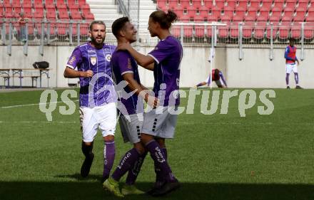 Fussball 2. Liga. SK Austria Klagenfurt gegen FAC Wien.  Torjubel Oliver Markoutz, Patrick Greil, Kosmas Gkezos (Klagenfurt). Klagenfurt, am 4.10.2020.
Foto: Kuess
www.qspictures.net
---
pressefotos, pressefotografie, kuess, qs, qspictures, sport, bild, bilder, bilddatenbank
