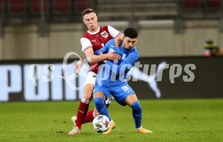 Fussball Laenderspiel. Oesterreich gegen Griechenland. Marco Friedl, (Oesterreich), Dimitrios Limnios  (Griechenland). Klagenfurt Woerthersee Stadion, am 7.10.2020.
Foto: Kuess
www.qspictures.net
---
pressefotos, pressefotografie, kuess, qs, qspictures, sport, bild, bilder, bilddatenbank