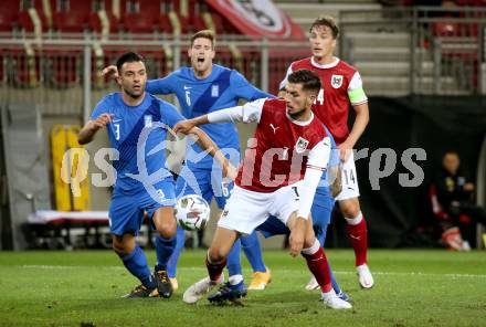 Fussball Laenderspiel. Oesterreich gegen Griechenland. Adrian Grbic,  (Oesterreich), Georgios Tzavellas (Griechenland). Klagenfurt Woerthersee Stadion, am 7.10.2020.
Foto: Kuess
www.qspictures.net
---
pressefotos, pressefotografie, kuess, qs, qspictures, sport, bild, bilder, bilddatenbank