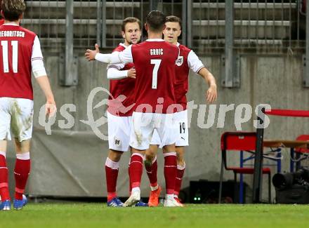 Fussball Laenderspiel. Oesterreich gegen Griechenland. Torjubel Louis Schaub, Christoph Baumgartner, Adrian Grbic (Oesterreich). Klagenfurt Woerthersee Stadion, am 7.10.2020.
Foto: Kuess
www.qspictures.net
---
pressefotos, pressefotografie, kuess, qs, qspictures, sport, bild, bilder, bilddatenbank