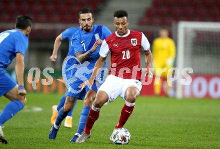 Fussball Laenderspiel. Oesterreich gegen Griechenland. Karim Onisiwo, (Oesterreich), Dimitios Kourbelis  (Griechenland). Klagenfurt Woerthersee Stadion, am 7.10.2020.
Foto: Kuess
www.qspictures.net
---
pressefotos, pressefotografie, kuess, qs, qspictures, sport, bild, bilder, bilddatenbank