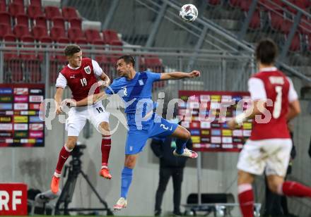 Fussball Laenderspiel. Oesterreich gegen Griechenland.  Christoph Baumgartner (Oesterreich),  Vasilios Lampropoulos  (Griechenland). Klagenfurt Woerthersee Stadion, am 7.10.2020.
Foto: Kuess
www.qspictures.net
---
pressefotos, pressefotografie, kuess, qs, qspictures, sport, bild, bilder, bilddatenbank