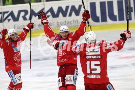 EBEL. Eishockey Bundesliga. KAC gegen	VSV. Torjubel Clemens Unterweger, Johannes Bischofberger, Gregorc Blaz (KAC). Klagenfurt, am 9.10.2020.
Foto: Kuess
www.qspictures.net

---
pressefotos, pressefotografie, kuess, qs, qspictures, sport, bild, bilder, bilddatenbank