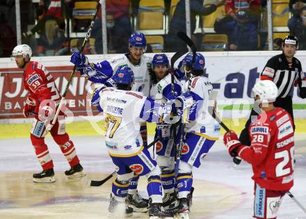 EBEL. Eishockey Bundesliga. KAC gegen	VSV.  Torjubel Ulmer Martin, Mangene Matt, Wolf Raphael, Collins Chris (VSV). Klagenfurt, am 9.10.2020.
Foto: Kuess
www.qspictures.net

---
pressefotos, pressefotografie, kuess, qs, qspictures, sport, bild, bilder, bilddatenbank