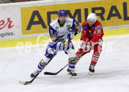 EBEL. Eishockey Bundesliga. KAC gegen	VSV. Unterweger Clemens (KAC),  	Kreuzer Philipp(VSV). Klagenfurt, am 9.10.2020.
Foto: Kuess
www.qspictures.net

---
pressefotos, pressefotografie, kuess, qs, qspictures, sport, bild, bilder, bilddatenbank