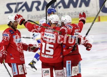 EBEL. Eishockey Bundesliga. KAC gegen	VSV. Torjubel Clemens Unterweger, Johannes Bischofberger, Thomas Hundertpfund, Gregorc Blaz (KAC). Klagenfurt, am 9.10.2020.
Foto: Kuess
www.qspictures.net

---
pressefotos, pressefotografie, kuess, qs, qspictures, sport, bild, bilder, bilddatenbank