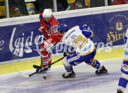 EBEL. Eishockey Bundesliga. KAC gegen	VSV. Johannes Bischofberger, (KAC), Gill Sahir (VSV). Klagenfurt, am 9.10.2020.
Foto: Kuess
www.qspictures.net

---
pressefotos, pressefotografie, kuess, qs, qspictures, sport, bild, bilder, bilddatenbank