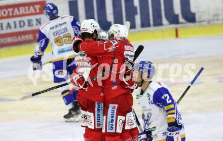 EBEL. Eishockey Bundesliga. KAC gegen	VSV. Torjubel Hundertpfund Thomas, 	Steffler Kele, Bischofberger Johannes (KAC). Klagenfurt, am 9.10.2020.
Foto: Kuess
www.qspictures.net

---
pressefotos, pressefotografie, kuess, qs, qspictures, sport, bild, bilder, bilddatenbank