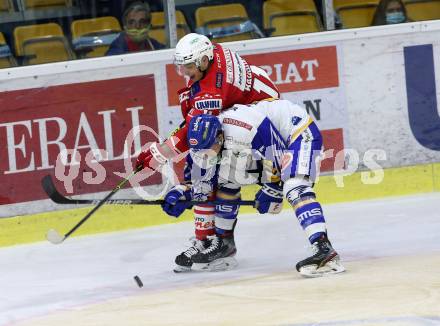 EBEL. Eishockey Bundesliga. KAC gegen	VSV. Haudum Lukas (KAC), 	Kosmachuk Scott (VSV). Klagenfurt, am 9.10.2020.
Foto: Kuess
www.qspictures.net

---
pressefotos, pressefotografie, kuess, qs, qspictures, sport, bild, bilder, bilddatenbank