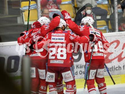EBEL. Eishockey Bundesliga. KAC gegen	VSV. Torjubel Schumnig Martin, Eriksson Fredrik, Sticha Dennis (KAC). Klagenfurt, am 9.10.2020.
Foto: Kuess
www.qspictures.net

---
pressefotos, pressefotografie, kuess, qs, qspictures, sport, bild, bilder, bilddatenbank