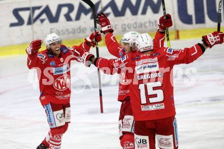 EBEL. Eishockey Bundesliga. KAC gegen	VSV. Torjubel Clemens Unterweger, Johannes Bischofberger, Gregorc Blaz (KAC). Klagenfurt, am 9.10.2020.
Foto: Kuess
www.qspictures.net

---
pressefotos, pressefotografie, kuess, qs, qspictures, sport, bild, bilder, bilddatenbank