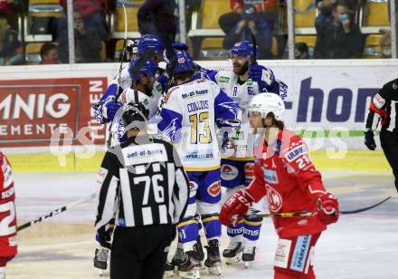 EBEL. Eishockey Bundesliga. KAC gegen	VSV.  Torjubel Ulmer Martin, Mangene Matt, Wolf Raphael, Collins Chris (VSV). Klagenfurt, am 9.10.2020.
Foto: Kuess
www.qspictures.net

---
pressefotos, pressefotografie, kuess, qs, qspictures, sport, bild, bilder, bilddatenbank