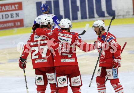 EBEL. Eishockey Bundesliga. KAC gegen	VSV. Torjubel Hundertpfund Thomas, 	Steffler Kele, Bischofberger Johannes (KAC). Klagenfurt, am 9.10.2020.
Foto: Kuess
www.qspictures.net

---
pressefotos, pressefotografie, kuess, qs, qspictures, sport, bild, bilder, bilddatenbank