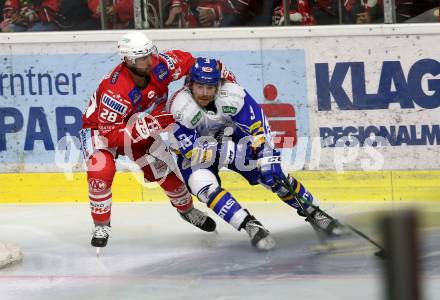 EBEL. Eishockey Bundesliga. KAC gegen	VSV.  Martin Schumnig, (KAC),  Collins Chris (VSV). Klagenfurt, am 9.10.2020.
Foto: Kuess
www.qspictures.net

---
pressefotos, pressefotografie, kuess, qs, qspictures, sport, bild, bilder, bilddatenbank