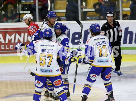 EBEL. Eishockey Bundesliga. KAC gegen	VSV.  Torjubel Ulmer Martin, Mangene Matt, Wolf Raphael, Collins Chris (VSV). Klagenfurt, am 9.10.2020.
Foto: Kuess
www.qspictures.net

---
pressefotos, pressefotografie, kuess, qs, qspictures, sport, bild, bilder, bilddatenbank