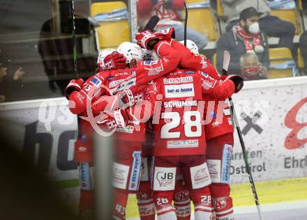 EBEL. Eishockey Bundesliga. KAC gegen	VSV. Torjubel Schumnig Martin, Eriksson Fredrik, Sticha Dennis (KAC). Klagenfurt, am 9.10.2020.
Foto: Kuess
www.qspictures.net

---
pressefotos, pressefotografie, kuess, qs, qspictures, sport, bild, bilder, bilddatenbank