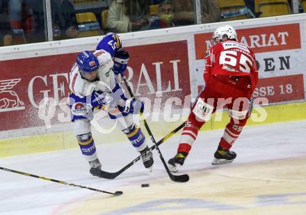 EBEL. Eishockey Bundesliga. KAC gegen	VSV. Kernberger Michael (KAC),  Mangene Matt (VSV). Klagenfurt, am 9.10.2020.
Foto: Kuess
www.qspictures.net

---
pressefotos, pressefotografie, kuess, qs, qspictures, sport, bild, bilder, bilddatenbank