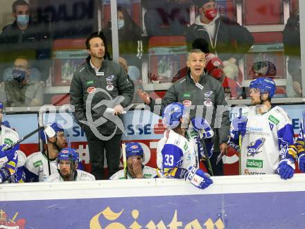 EBEL. Eishockey Bundesliga. KAC gegen	VSV. Marco Pewal, Trainer  Dan Ceman (VSV). Klagenfurt, am 9.10.2020.
Foto: Kuess
www.qspictures.net

---
pressefotos, pressefotografie, kuess, qs, qspictures, sport, bild, bilder, bilddatenbank