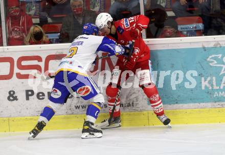 EBEL. Eishockey Bundesliga. KAC gegen	VSV. Maier David (KAC), Zauner Sebastian (VSV). Klagenfurt, am 9.10.2020.
Foto: Kuess
www.qspictures.net

---
pressefotos, pressefotografie, kuess, qs, qspictures, sport, bild, bilder, bilddatenbank