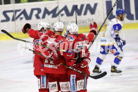 EBEL. Eishockey Bundesliga. KAC gegen	VSV. Torjubel Clemens Unterweger, Johannes Bischofberger, Thomas Hundertpfund, Gregorc Blaz (KAC). Klagenfurt, am 9.10.2020.
Foto: Kuess
www.qspictures.net

---
pressefotos, pressefotografie, kuess, qs, qspictures, sport, bild, bilder, bilddatenbank