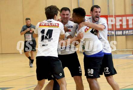 Handball. HLA. SC Kelag Ferlach gegen UHK Krems. Jubel Mathias Rath, Blaz Klec, Adonis Gonzalez-Martinez, Dean Pomorisac (Ferlach). Ferlach, am 9.10.2020.
Foto: Kuess
---
pressefotos, pressefotografie, kuess, qs, qspictures, sport, bild, bilder, bilddatenbank