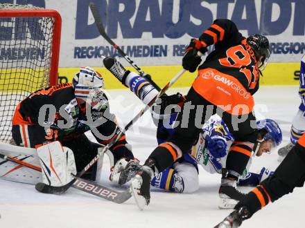 EBEL. Eishockey Bundesliga. VSV gegen Moser Medical Graz99ers. Chris Collins,   (VSV), Olivier Rodrigue, Charles Dodero (Graz). Villach, am 11.10.2020.
Foto: Kuess
www.qspictures.net
---
pressefotos, pressefotografie, kuess, qs, qspictures, sport, bild, bilder, bilddatenbank