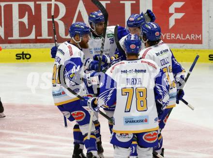 EBEL. Eishockey Bundesliga. VSV gegen Moser Medical Graz99ers. Torjubel Jamie Fraser, Sahir Gill, Chris Collins, Felix Maxa, Scott Kosmachuk  (VSV). Villach, am 11.10.2020.
Foto: Kuess
www.qspictures.net
---
pressefotos, pressefotografie, kuess, qs, qspictures, sport, bild, bilder, bilddatenbank