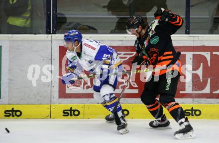 EBEL. Eishockey Bundesliga. VSV gegen Moser Medical Graz99ers. Maximilian Kammerer,  (VSV), Charles Dodero  (Graz). Villach, am 11.10.2020.
Foto: Kuess
www.qspictures.net
---
pressefotos, pressefotografie, kuess, qs, qspictures, sport, bild, bilder, bilddatenbank