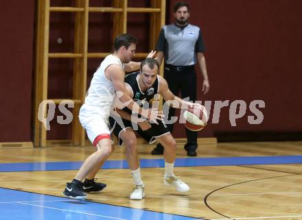 Basketball Zweite Liga 2020/2021. Grunddurchgang 3. Runde. Woerthersee Piraten gegen  RAIDERS Tirol. Jan-Arne Apschner,  (Piraten), Oliver Vujakovic (Tirol). Klagenfurt, am 10.10.2020.
Foto: Kuess
www.qspictures.net

---
pressefotos, pressefotografie, kuess, qs, qspictures, sport, bild, bilder, bilddatenbank
