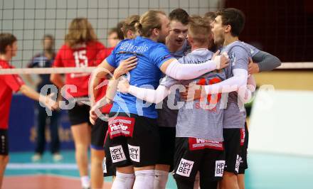 Volleyball Bundesliga. Woerthersee Loewen gegen UVC Ried. Jubel (UVC Ried).  Klagenfurt, am 7.11.2020.
Foto: Kuess
---
pressefotos, pressefotografie, kuess, qs, qspictures, sport, bild, bilder, bilddatenbank