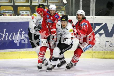EBEL. Eishockey Bundesliga. KAC gegen	Dornbirn Bulldogs. Johannes Bischofberger, Manuel Ganahl,  (KAC), Jesper Kokkila (Dornbirn). Klagenfurt, am 9.11.2020.
Foto: Kuess
www.qspictures.net

---
pressefotos, pressefotografie, kuess, qs, qspictures, sport, bild, bilder, bilddatenbank