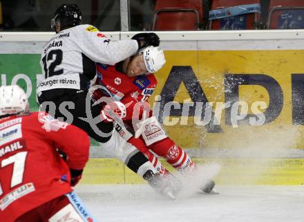 EBEL. Eishockey Bundesliga. KAC gegen	Dornbirn Bulldogs. Johannes Bischofberger,  (KAC), Anton Leif Johan Straka (Dornbirn). Klagenfurt, am 9.11.2020.
Foto: Kuess
www.qspictures.net

---
pressefotos, pressefotografie, kuess, qs, qspictures, sport, bild, bilder, bilddatenbank