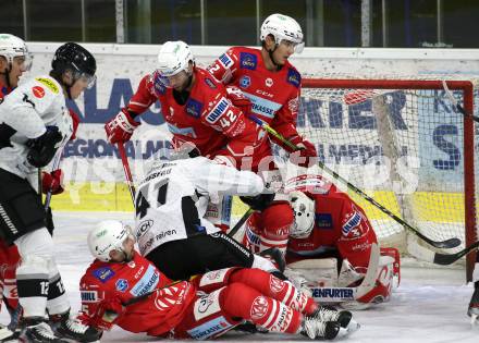 EBEL. Eishockey Bundesliga. KAC gegen	Dornbirn Bulldogs. Blaz Gregorc, Rok Ticar, Clemens Unterweger, David Madlener (KAC), Devin Brosseau (Dornbirn). Klagenfurt, am 9.11.2020.
Foto: Kuess
www.qspictures.net

---
pressefotos, pressefotografie, kuess, qs, qspictures, sport, bild, bilder, bilddatenbank