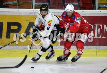 EBEL. Eishockey Bundesliga. KAC gegen	Dornbirn Bulldogs. Clemens Unterweger,  (KAC), Ioannis George Kaldis (Dornbirn). Klagenfurt, am 9.11.2020.
Foto: Kuess
www.qspictures.net

---
pressefotos, pressefotografie, kuess, qs, qspictures, sport, bild, bilder, bilddatenbank