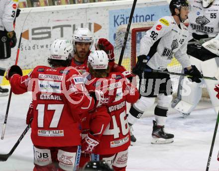 EBEL. Eishockey Bundesliga. KAC gegen	Dornbirn Bulldogs. Torjubel Manuel Ganahl, Thomas Hundertpfund, Johannes Bischofberger (KAC). Klagenfurt, am 9.11.2020.
Foto: Kuess
www.qspictures.net

---
pressefotos, pressefotografie, kuess, qs, qspictures, sport, bild, bilder, bilddatenbank