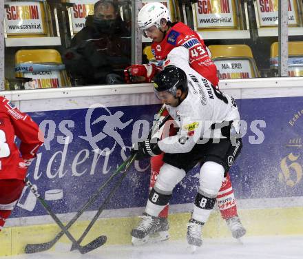 EBEL. Eishockey Bundesliga. KAC gegen	Dornbirn Bulldogs. Dennis Sticha,  (KAC), Ioannis George Kaldis (Dornbirn). Klagenfurt, am 9.11.2020.
Foto: Kuess
www.qspictures.net

---
pressefotos, pressefotografie, kuess, qs, qspictures, sport, bild, bilder, bilddatenbank